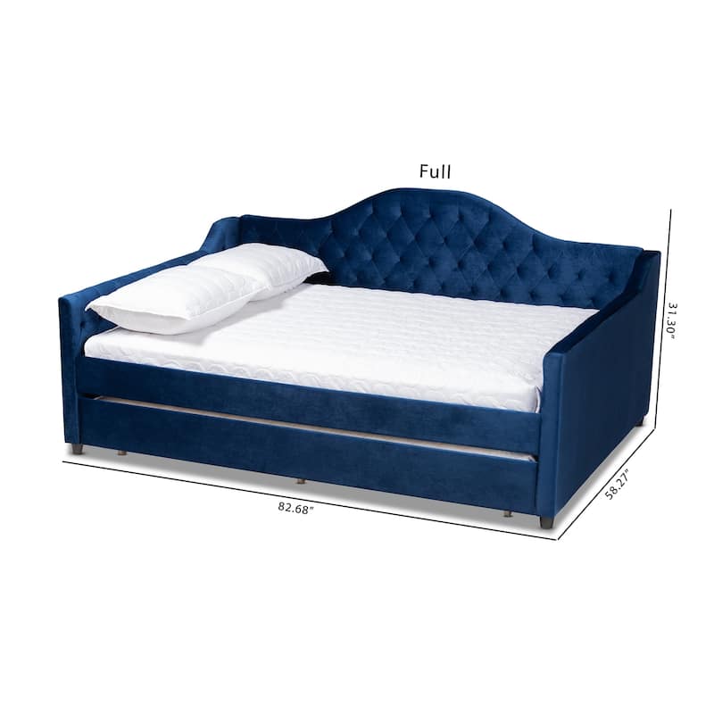 Queen Size Daybed with Trundle - Navy Blue Velvet Upholstered Modern Daybed