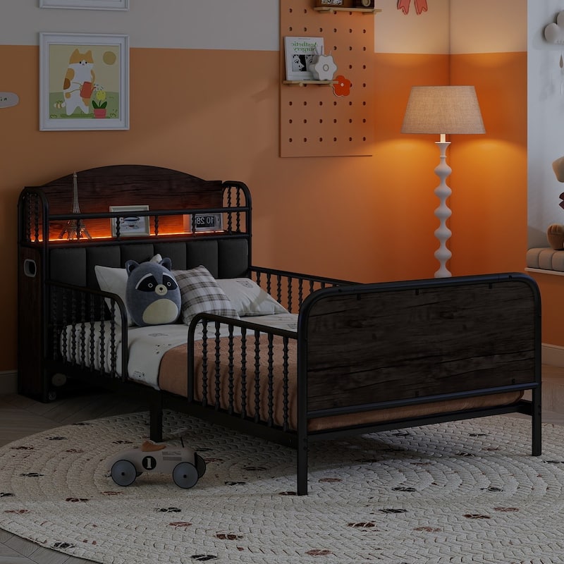 Kids Platform Bed Metal Frame with Linen Fabric Upholstered Storage Headboard Built-in Light Strip, Both Sides Rails
