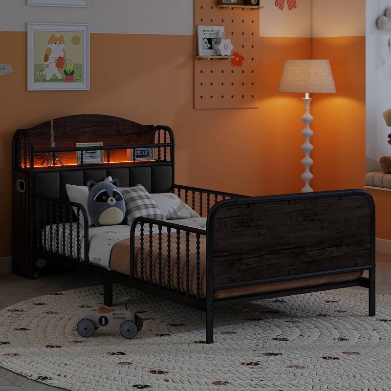 Twin Size LED Platform Bed with Upholstered Storage Headboard and 2 Pull Out Storage Shelves, Heavy Duty Metal Bed Frame
