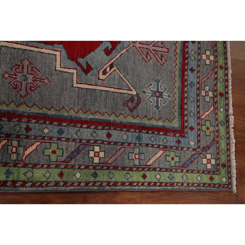 Kazak Accent Rug Hand-Knotted Grey Geometric Wool Carpet - 3'4" x 5'0"