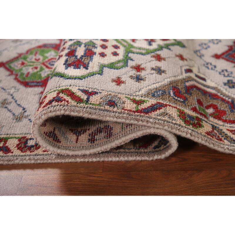 Geometric Grey Kazak Runner Rug Hand-Knotted Oriental Wool Carpet - 2'7"x 9'10"