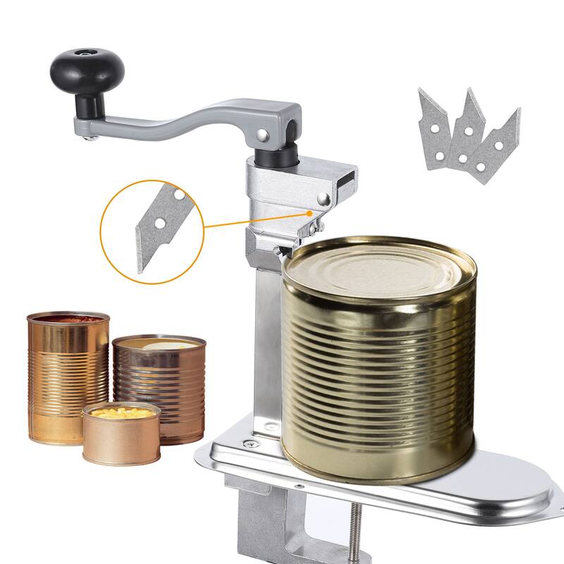 Manual Table Can Opener with 3 Spare Blades and Plated Steel Base