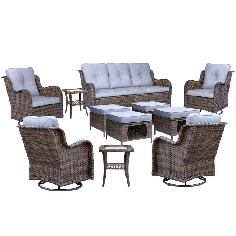 11 Piece Outdoor Wicker Patio Conversation Swivel Chairs Furniture Set