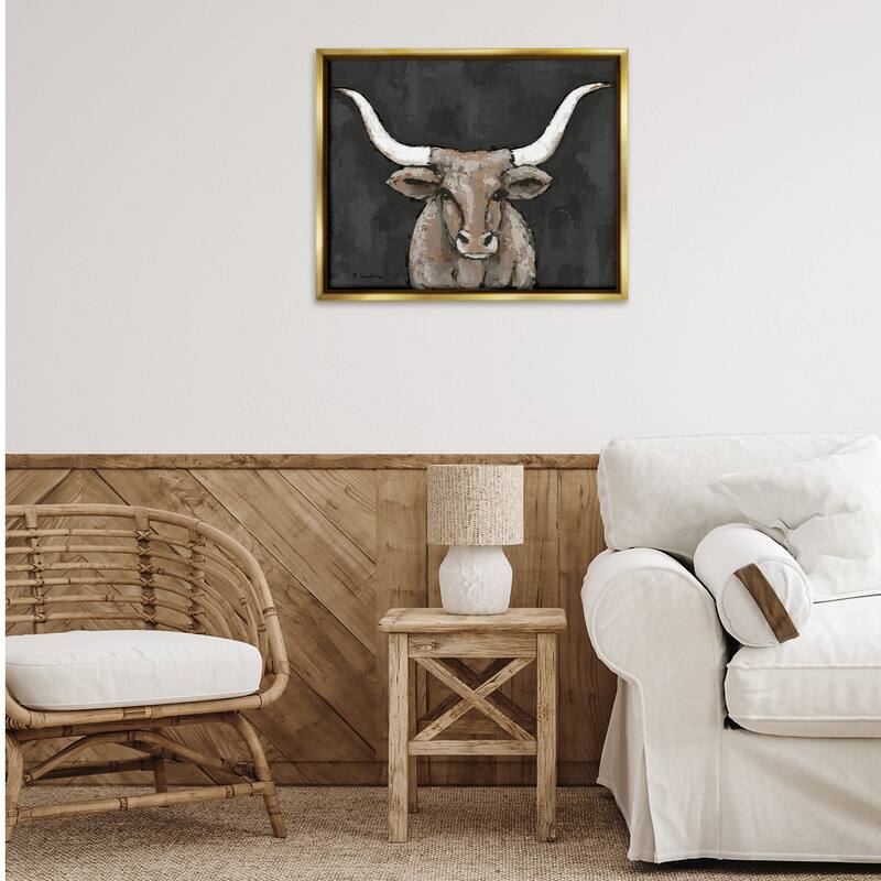 Stupell Longhorn on Murky Grey Framed Floater Canvas Wall Art Design By Sara Baker