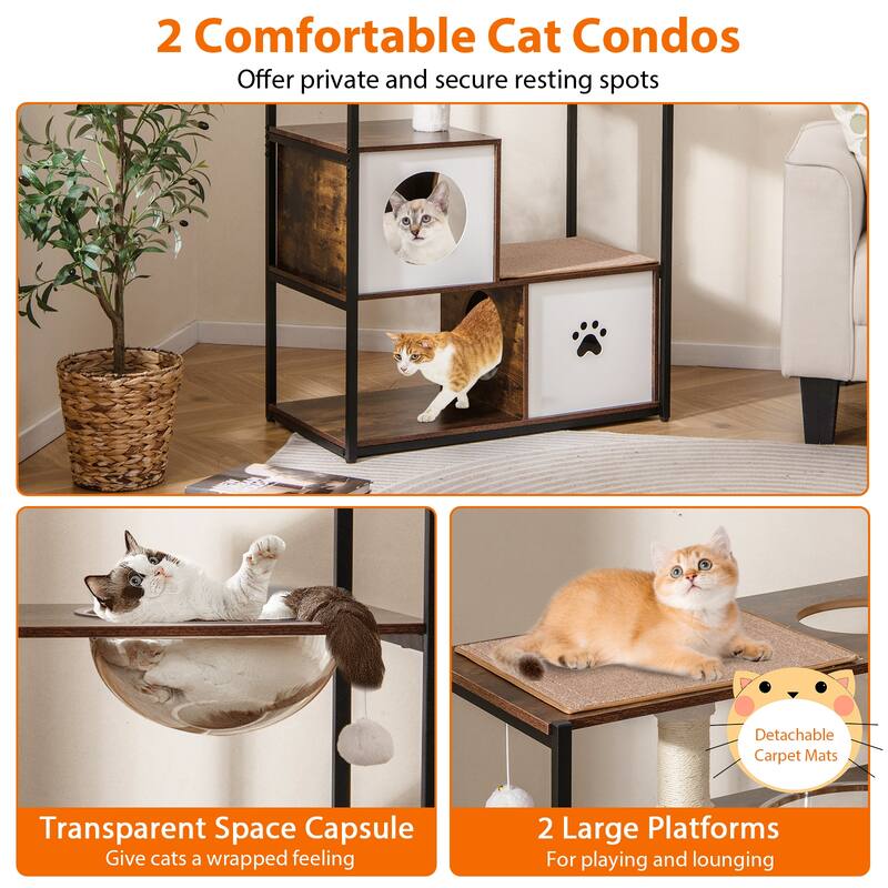52" Cat Tree with Wood and Metal Frame Plush Condos Carpet Platforms and Hanging Toys - 32" x 17.5" x 52" (L x W x H)