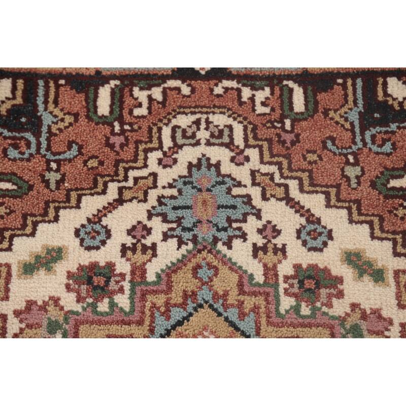 Geometric Beige Heriz Serapi Runner Rug Hand-Knotted Wool Carpet - 2'7"x 7'11"