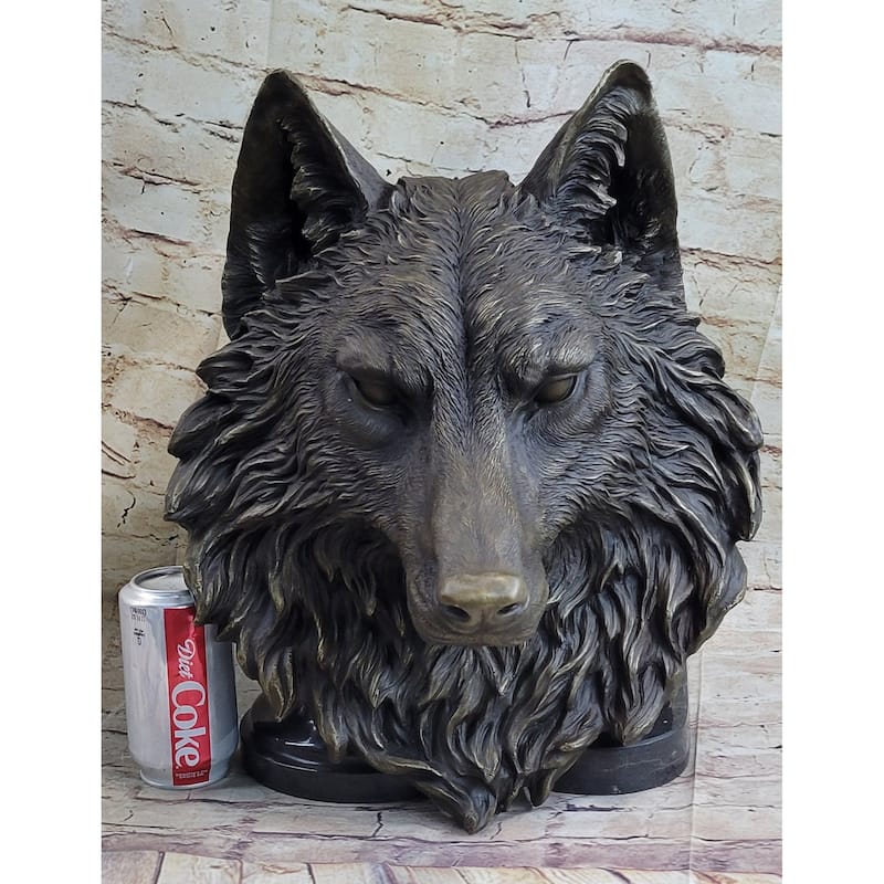 Wall Mounted Hanging Wolf Head Bust Bronze Sculpture Decor Signed Original Art