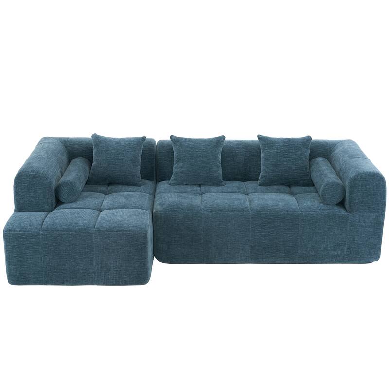 101.2" Blue Chenille Sectional Sofa, Modular, Deep Seating, 2 Side Pockets