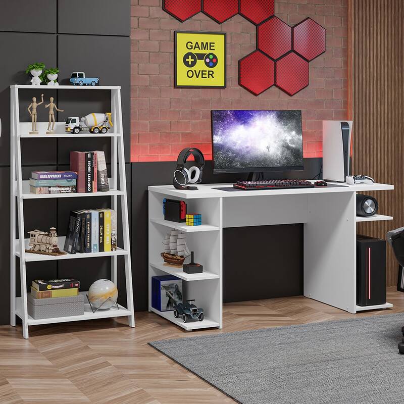 Madesa Gamer Desk 53" + Ladder Shelf Standing Bookcase - White - White