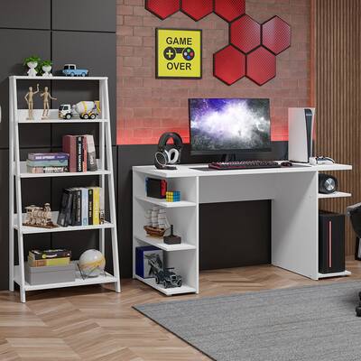 Madesa Gamer Desk 53" + Ladder Shelf Standing Bookcase - White