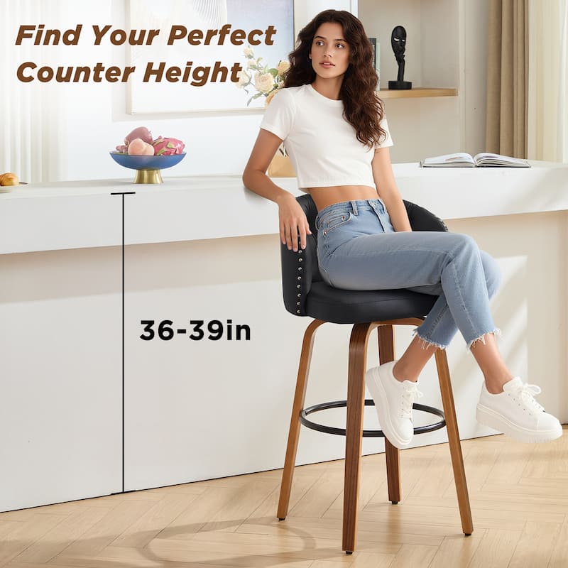 25.5" Faux Leather Upholstered Wood Frame Swivel Counter Height Bar Stool, Set of 2/4