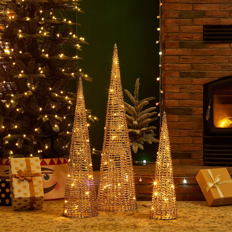 Glitzhome Set of 3 Lighted Christmas Plastic Tree with 65 Warm White LED Lights - Christmas Tree