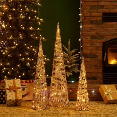 Glitzhome Set of 3 Lighted Christmas Plastic Tree with 65 Warm White LED Lights - Christmas Tree