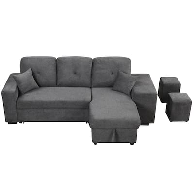 95" Pull-Out Sleeper Sofa w/ Side Shelf & 2 Stools, Storage Chaise