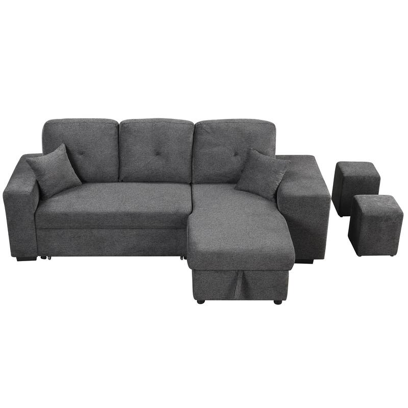 95" Reversible Sleeper Sofa Pull-Out Sofa Bed with Side Shelf and 2 Stools, Storage Chaise Left/Right Hande for Living Room