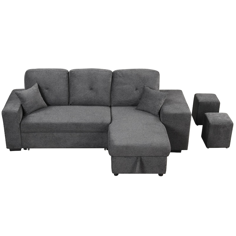 95" Velvet Sectional Sofa with Storage Chaise and 2 Stools and Reversible L-Shape Sofa Bed
