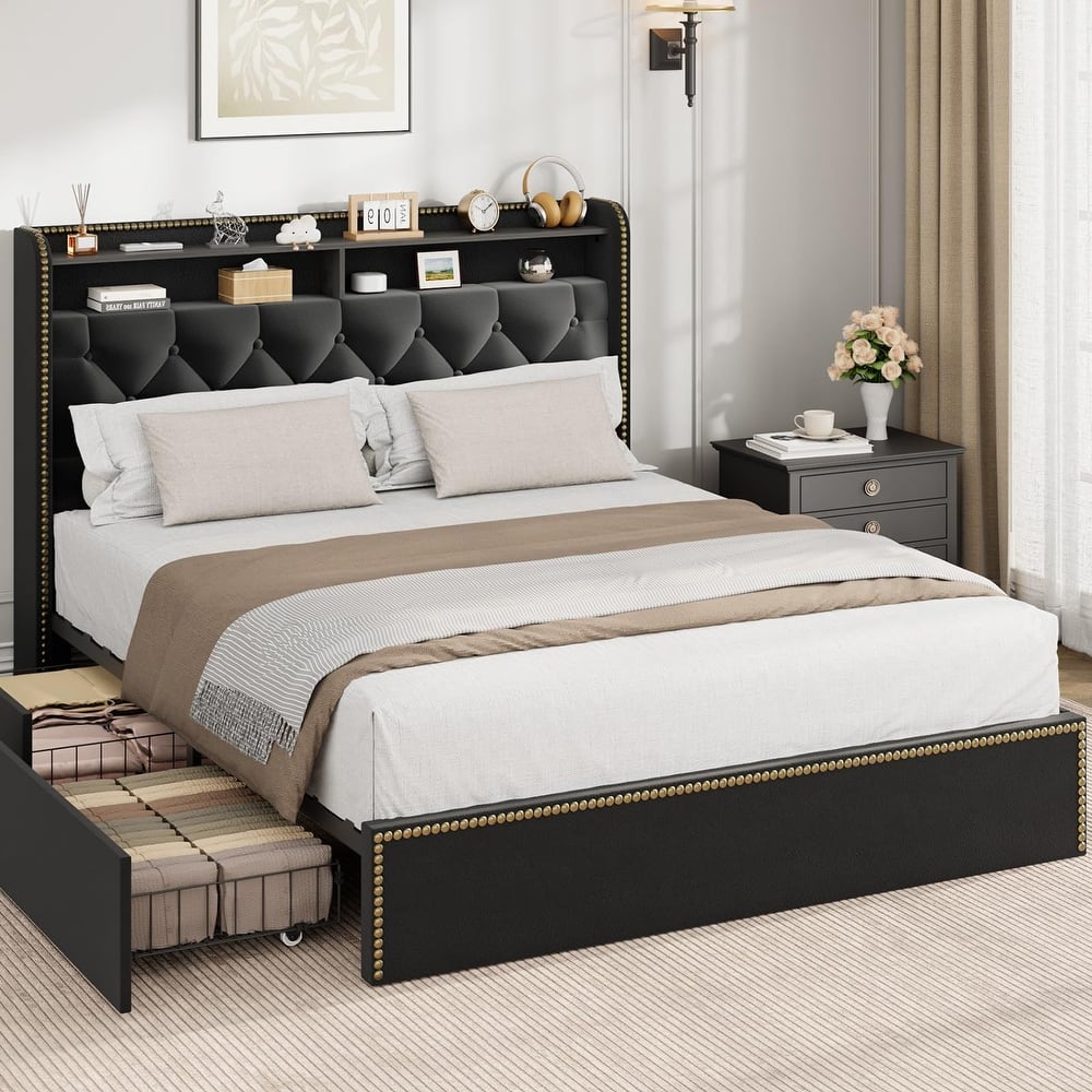 Velvet Bed Frame with 4 Storage Drawers