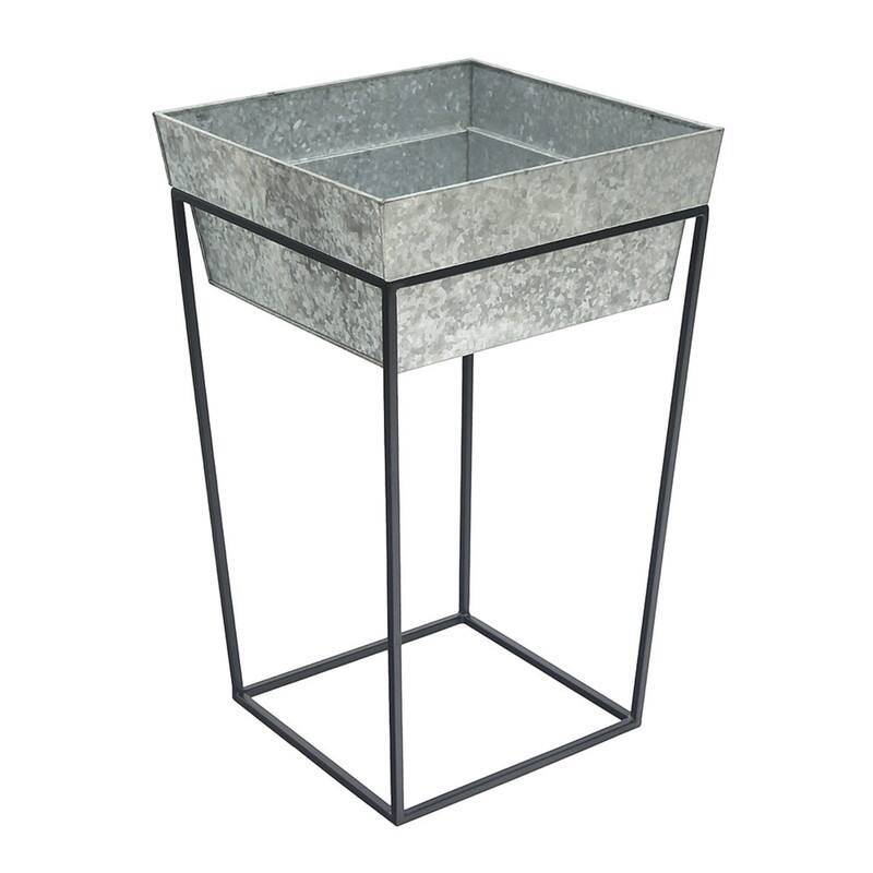 Achla Designs Large Indoor Outdoor Arne Plant Stand With Deep Galvanized Tray, 22 Inch Tall, Black Powder Coat Finish