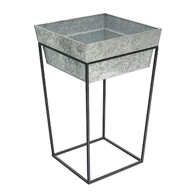 Achla Designs Large Indoor Outdoor Arne Plant Stand With Deep Galvanized Tray, 22 Inch Tall, Black Powder Coat Finish