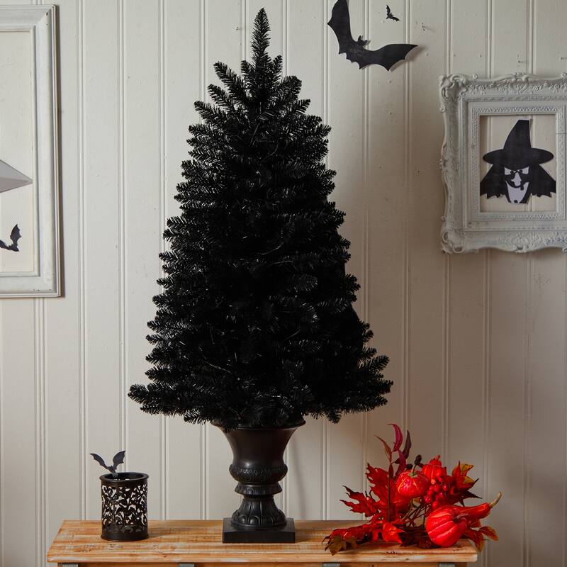 4 Ft Black Artificial Christmas Tree with Orange Lights - City Chic Holiday Decor for Parties - 48