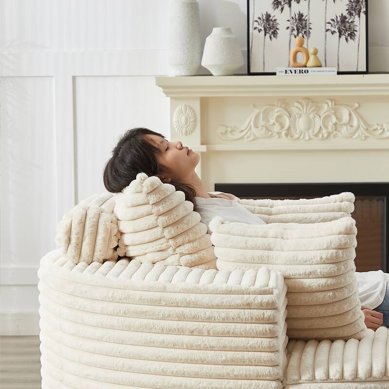 Oversized Round Chaise Lounge Corduroy Upholstered Single Sofa Chair with Cylindrical Neck Pillow and Integrated Backrest