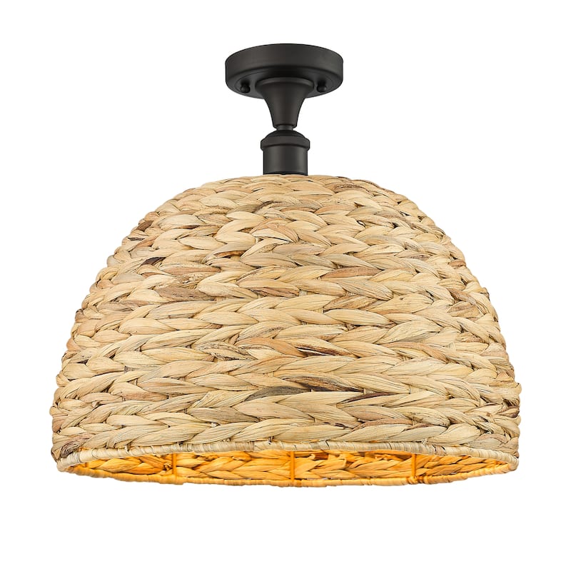 Innovations Lighting Woven Rattan - 1 Light 16" Semi-Flush Mount - Natural Rattan/Oiled Brass