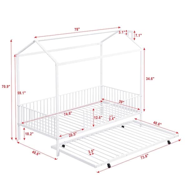 dimension image slide 0 of 2, House-Shaped Design Platform Bed with Fence and Twin Size Trundle