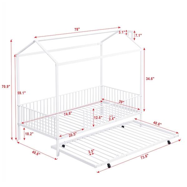 House-Shaped Design Twin Size Metal Platform Bed with Fence and Trundle