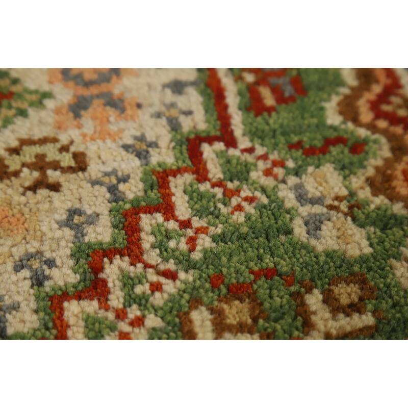 Geometric Heriz Serapi Indian Runner Rug Green Handmade Wool Carpet - 2'7" x 8'0"