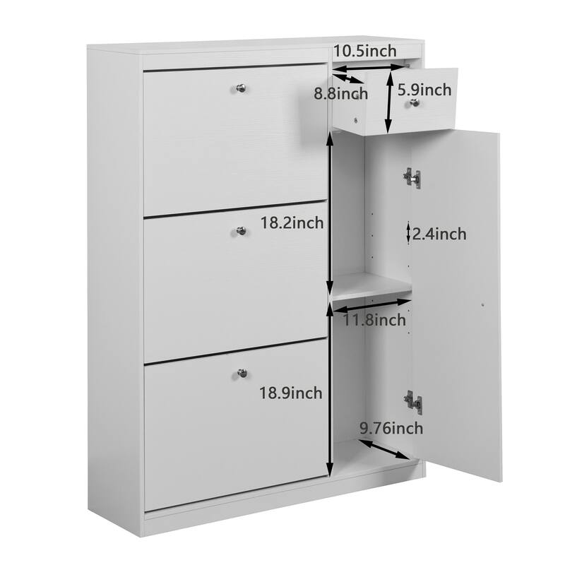 Narrow Shoe Rack Cabinet Organizer with 3 Flip Drawers, Adjustable Compartments and Spacious Top for Entryway or Hallway