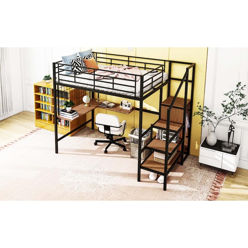 Metal Loft Bed with Desk ,Storage Ladder & Wardrobe