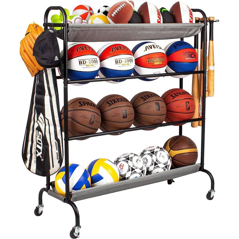 Sttoraboks Basketball Rack, Garage Ball Storage Stand Ball Rack Rolling Balls Organizer with Baseball Bat Holder & Hooks - Black