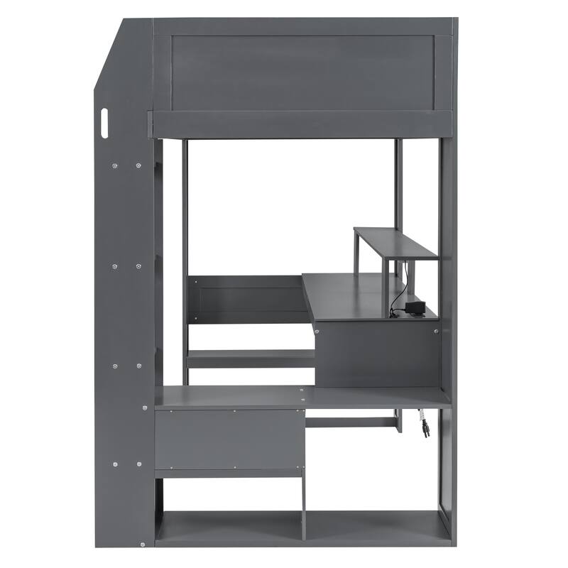 Twin Size Solid Wood MDF Gaming Loft Bed with Desk, Multi-storage Shelves, LED and Charging Station