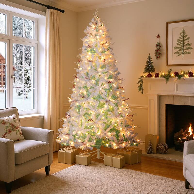 Gymax 7 FT Pre-Lit Artificial Christmas Tree w/855 Snow Flocked Branch