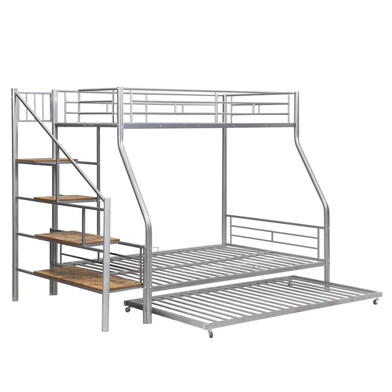 Space-Saving Twin Over Full Bunk Bed with Trundle, Storage Staircase, and Guardrails, Metal Frame