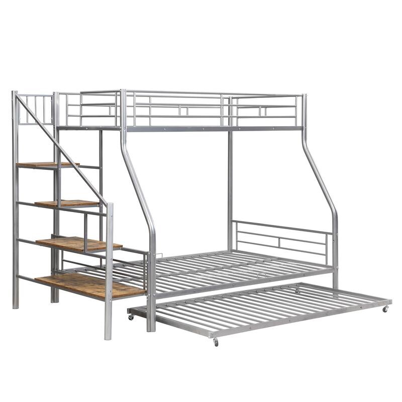 Twin Over Full Bunk Bed with Trundle, Storage Staircase, Safety Guardrails