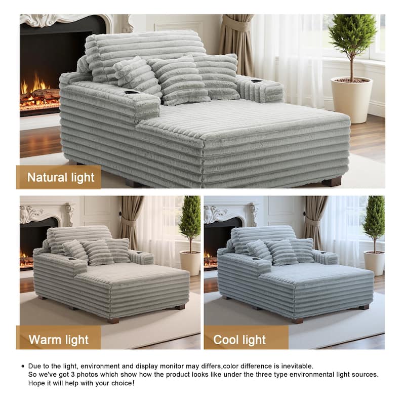 Indoor Oversized Plush Chaise Lounge with Pillows and Cup Holder