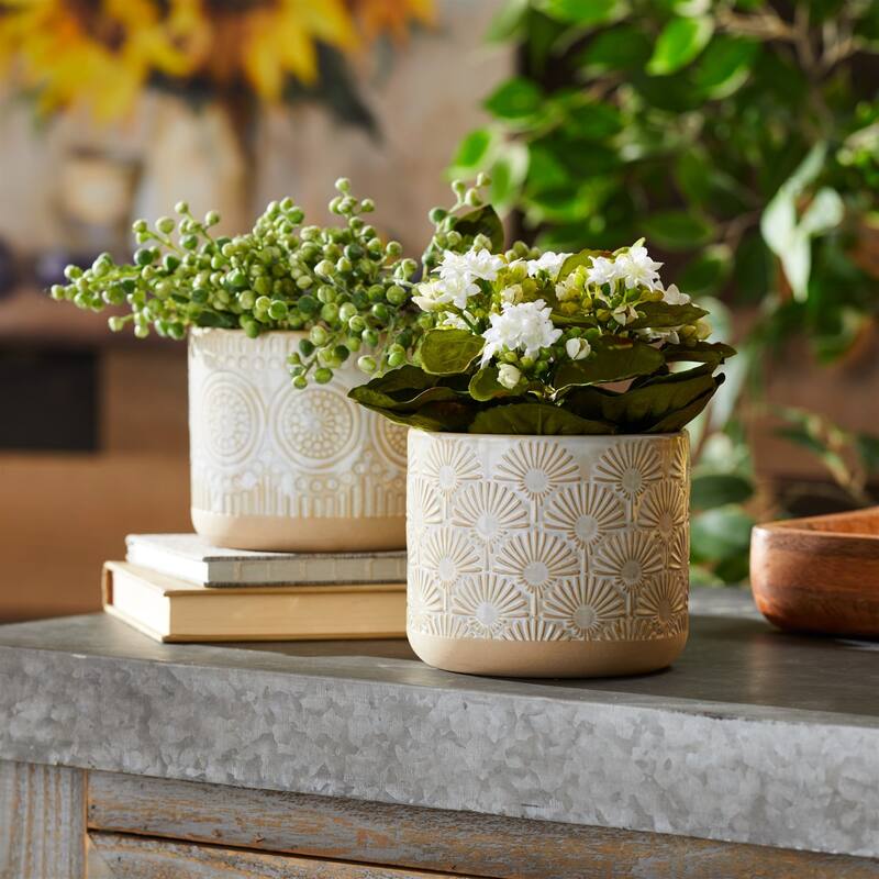 Geometric Porcelain Planters - 4.75" - Beige and White - Set of 3