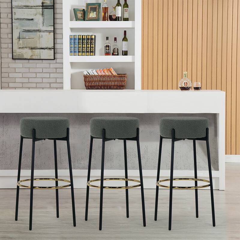 Set of 2 Avon Gray Boucle Backless Bar Stool with Black Metal Legs