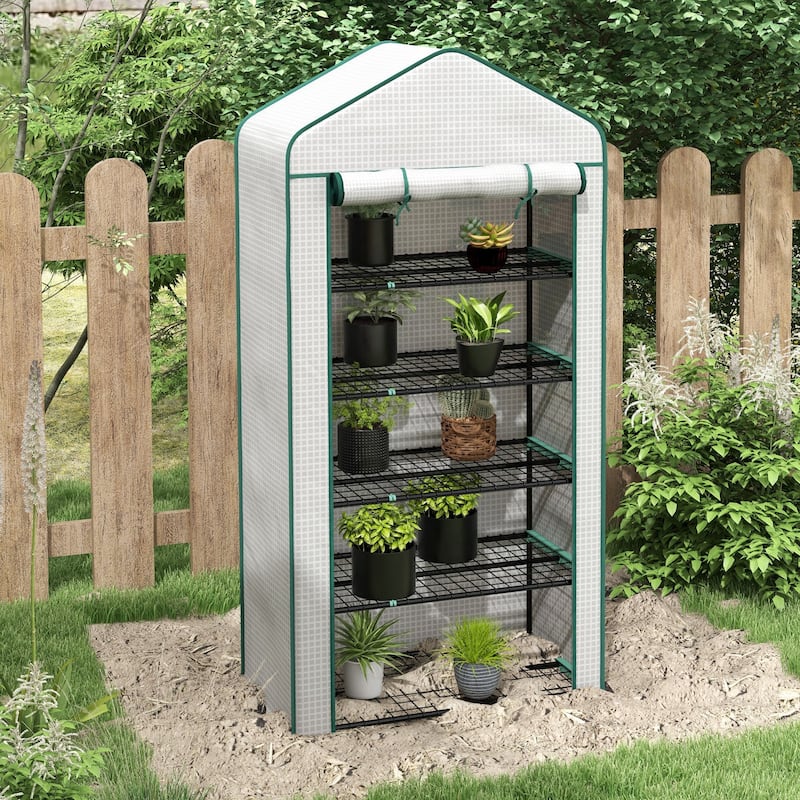 Outsunny 5 Tier Mini Greenhouse, 76" x 35.4" x 19.3" Small Portable Greenhouse with Reinforced PE Cover, Green