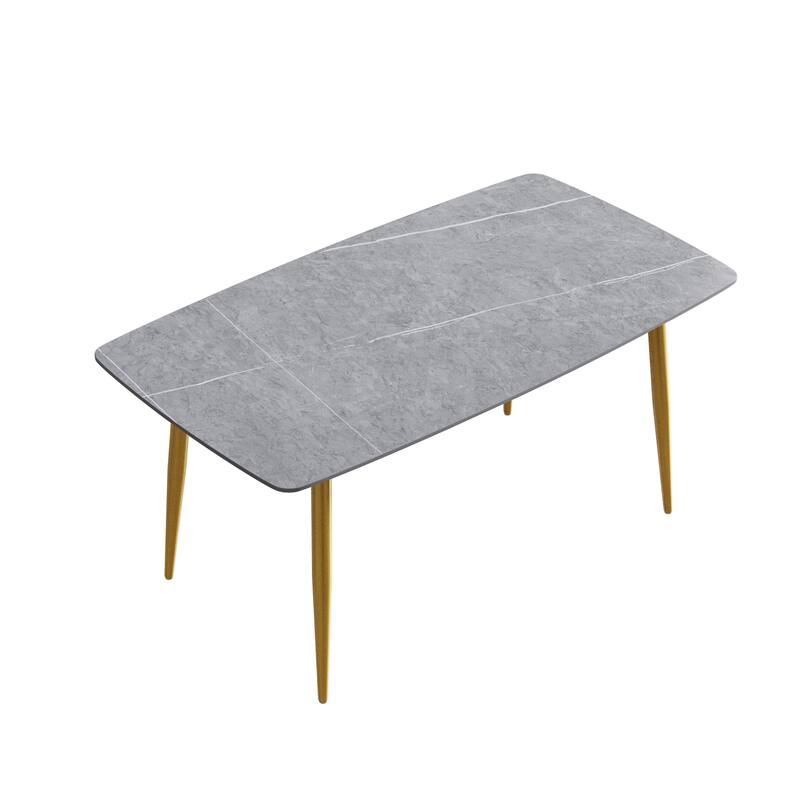 63" Modern Dining Table,Sintered Stone Tabletop and Solid Gold Carbon Steel Base