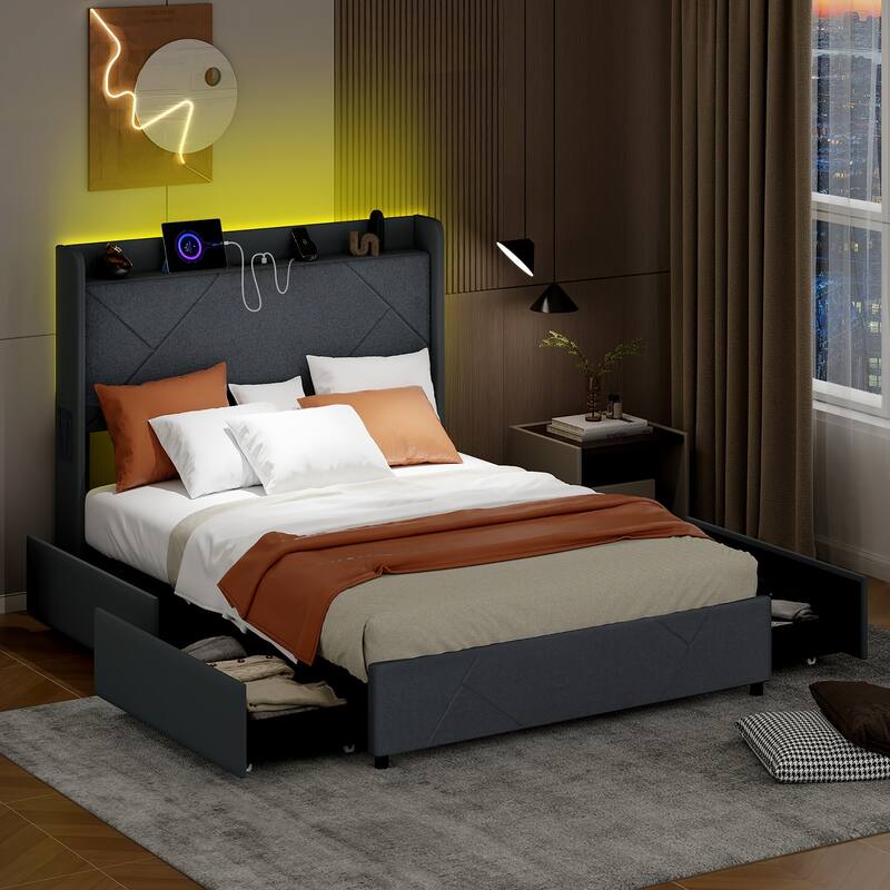 Gymax Bed Frame w/LED Lights Charging Station 2 Storage Pockets & 4