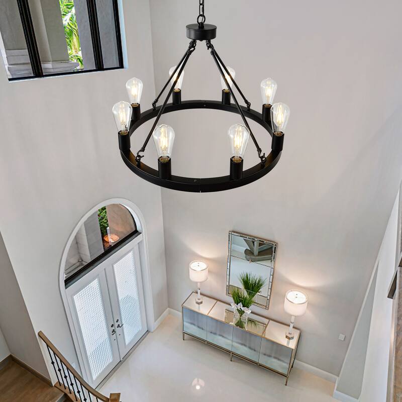 6-Light (No Bulbs) Matte Black Wagon Wheel Chandelier Farmhouse Modern Small Round Chandelier Light Fixture Ceiling Hanging