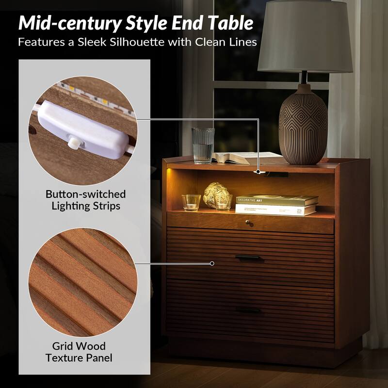 Lorenz Mid-century Modern End Table with Charge Station and LED Light Set of 2 by HULALA HOME