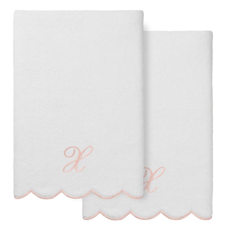 Authentic Hotel and Spa 100% Turkish Cotton Pink ADORNIA Scallop Personalized 2 Piece Bath Towel Set - 2 Bath Towels - X