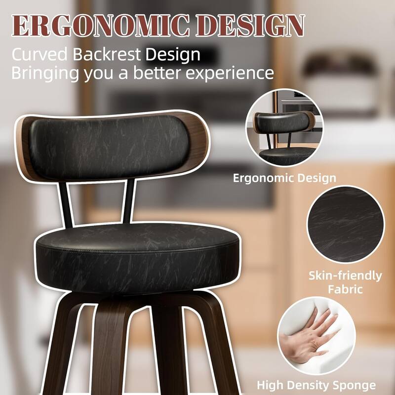 XINMICS 26 Inches Swivel Counter Height Bar Stools with Faux Leather Upholstered Pad Wood Back, Set of 2/3/4