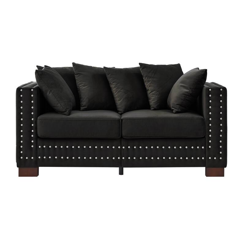 Velvet Loveseat Sofa with Storage, Comfy Upholstered Deep Seat Sofa, 2-Seater Sofa with Nailhead Trim & 6 Throw Pillows