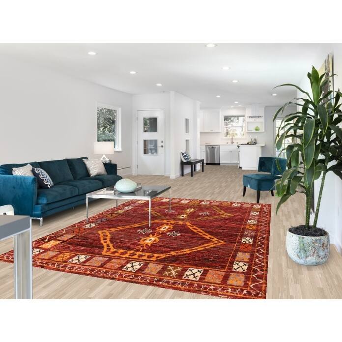 Geometric Red Moroccan Oriental Area Rug Hand-Knotted Wool Carpet - 6'10" x 9'7"