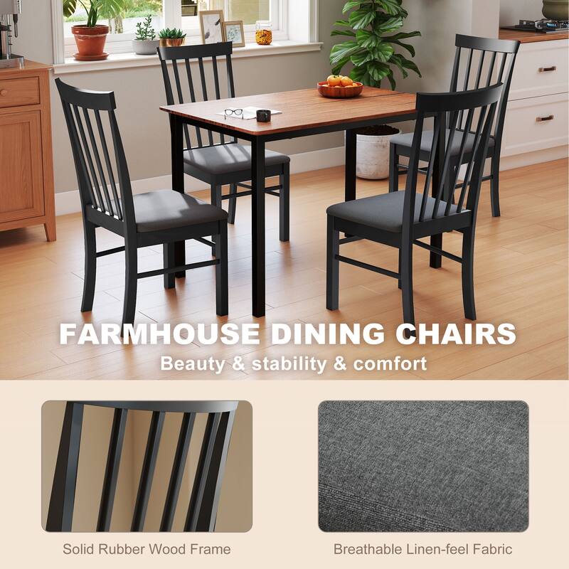Black-Grey Rubberwood Farmhouse Dining Chairs Set of 4 with Cushioned Seat - 17.1" W x 20.1" D x 37" H