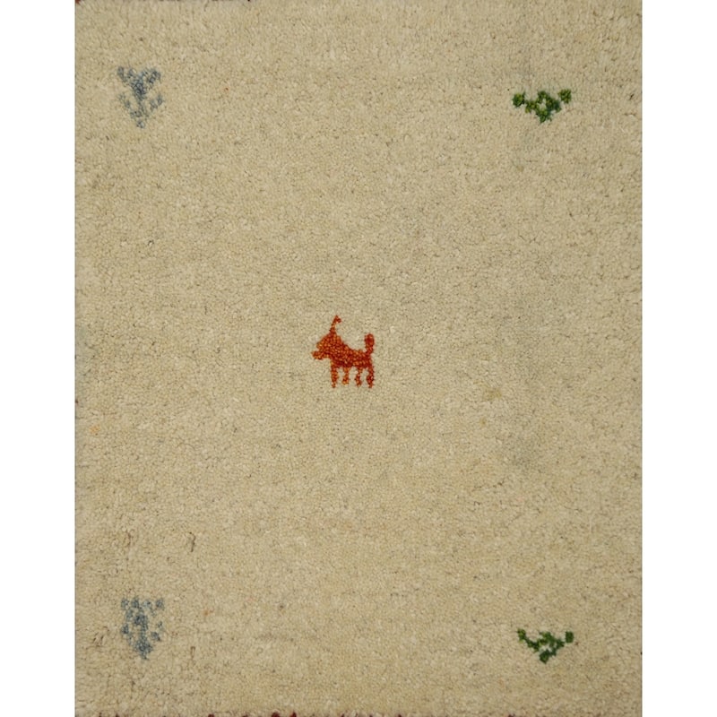 Hand Knotted Oriental 100% Wool Carpet Tribal Animal Pictorial Beige & Ivories Gabbeh Area Rug - 1' 4'' X 1' 4''